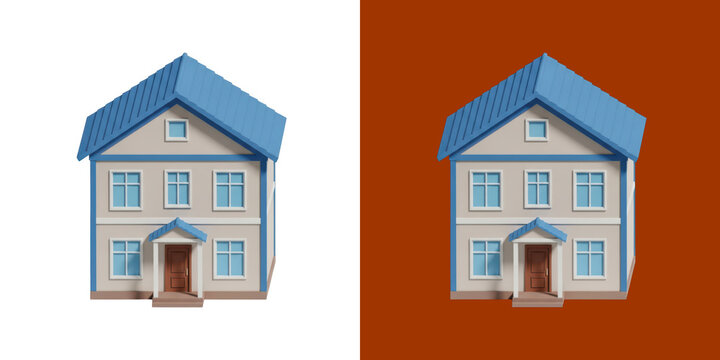 Small house model with a blue roof 3d render icon graphic transparent background, png