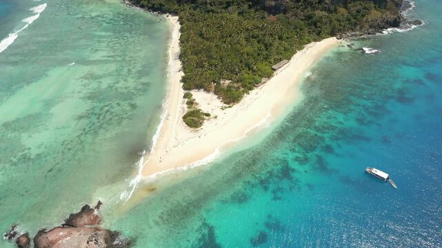 Famous Tropical Sandbar Monuriki Island Mamanuca Fiji Drone Track In Overhead 4K 60FPS