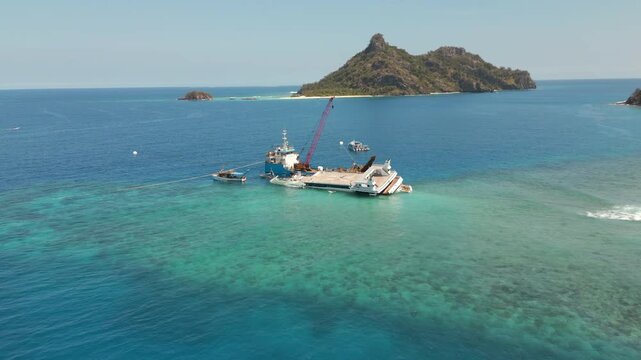 Abandoned Ship Salvage Operation On Reef Tropical Mamanuca Islands Fiji Drone Track In 4K 60FPS