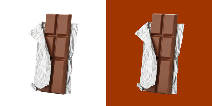 Sweet milk chocolate bar wrapped in shiny silver foil on brown surface transparent background, png