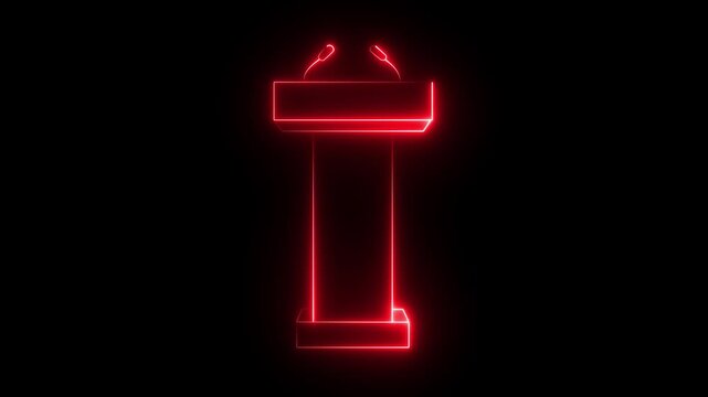 Glowing neon Podium Tribune Rostrum Stand with Microphones icon isolated on transparent background. Stage stand or debate podium rostrum icon. 4k motion video