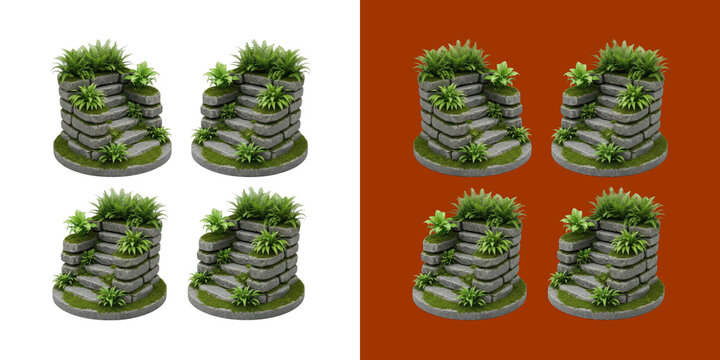 Stone stairs with green ferns and moss set of garden architectural elements transparent background, png