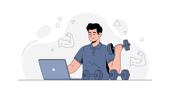 Man Working Out While Working Remotely, Balancing Fitness and Productivity with Dumbbells and Laptop
