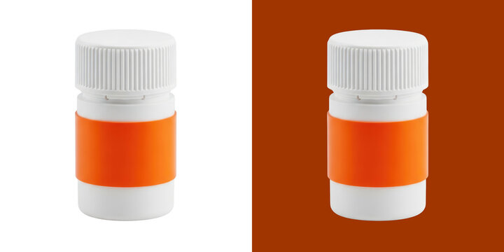 Small white medicine bottle with an orange label for pills or tablets transparent background, png