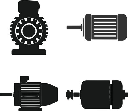 Electric motor silhouette icon set with industrial gear motor and cylindrical engine flat design