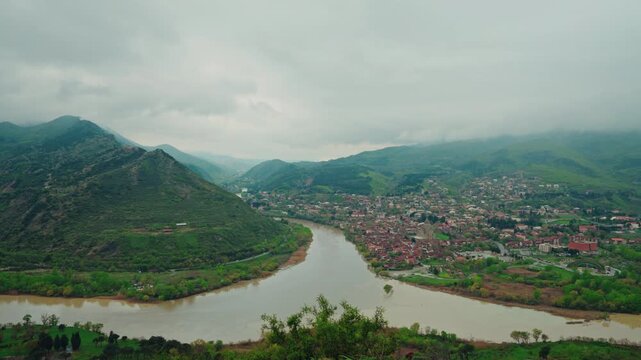 The confluence of the Mtkvari and Aragvi rivers at Mtskheta seen from the Jvari viewpoint, Georgia.