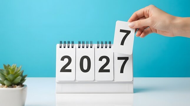 Hand flipping digit on desk calendar showing year two thousand twenty seven against blue wall