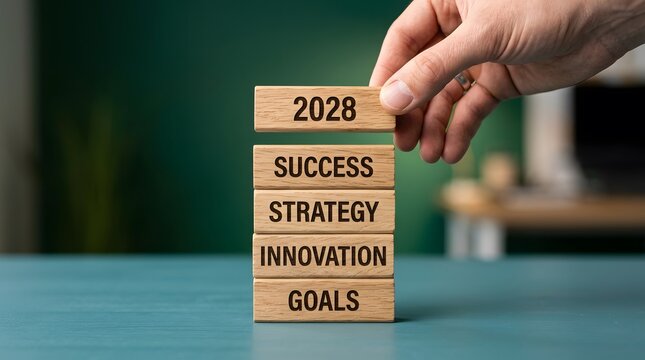 Hand stacking wooden blocks with text goals innovation strategy success and year 2028