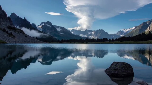 Rippling alpine lake surface and reflected cloud shifting in basin, producing waves from right rock