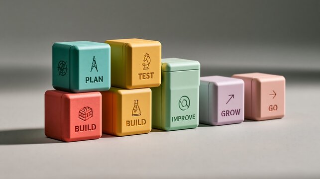 Colorful plastic blocks with business strategy icons arranged in sequence on grey surface