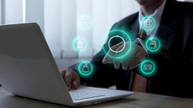 Businessman in suit clicking virtual pay now button for fast online banking and checkout