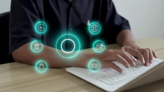 Casual man making successful online payment on laptop using virtual pay now button interface