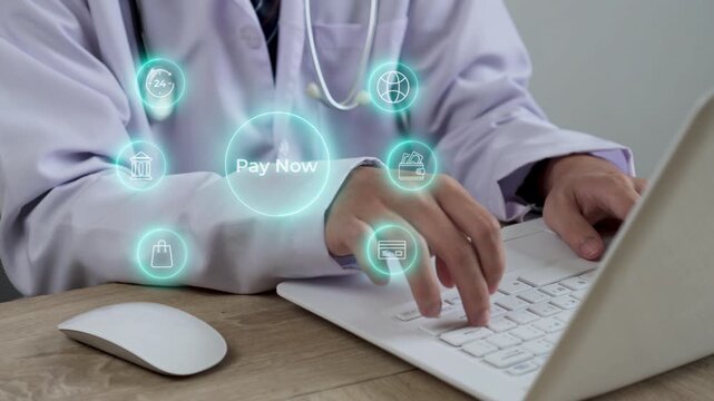 Doctor making successful online payment on laptop using virtual pay now button interface