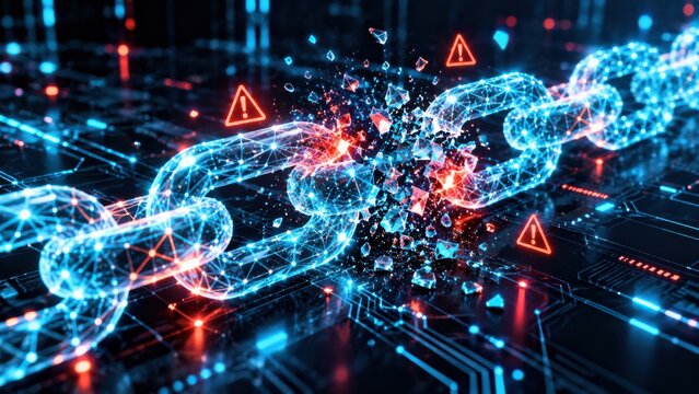 Abstract futuristic blue blockchain network broken with connection system digital data transfer.