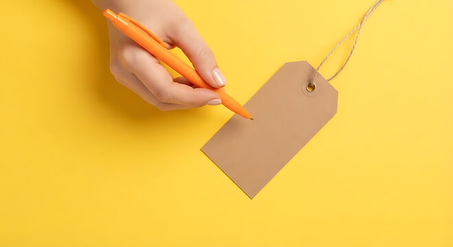 Childs hand writing on a blank brown tag with an orange marker on a bright yellow background