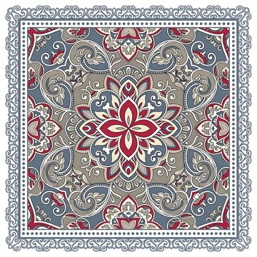 Beautiful decorative paisley scarf design with colorful oriental floral pattern and ornate border frame