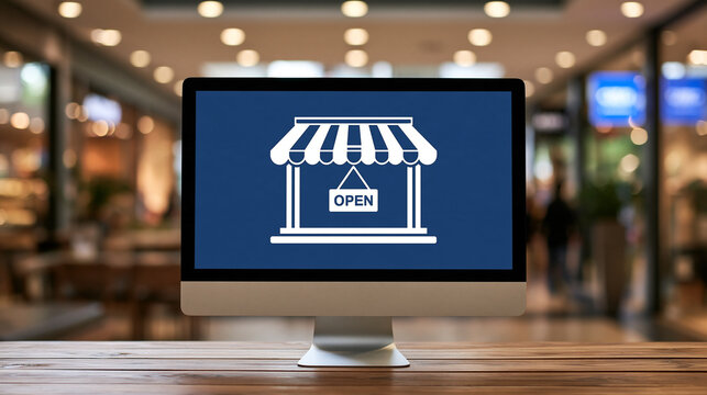Desktop monitor showing an online shopping store graphic with an open sign, blurred shopping mall background, business internet shop concept, with copy space
