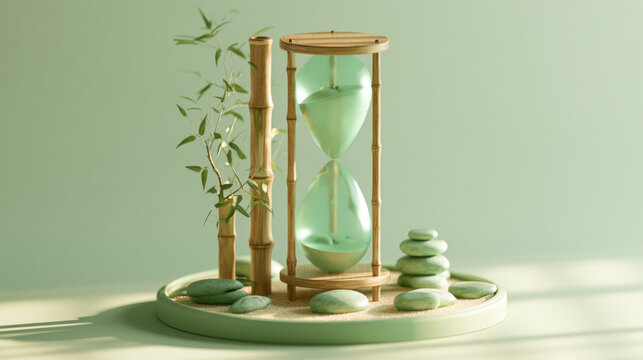 Zen concept image with wooden bamboo hourglass, green sand, pebbles, and bamboo plants on light green background for relaxation and balance.