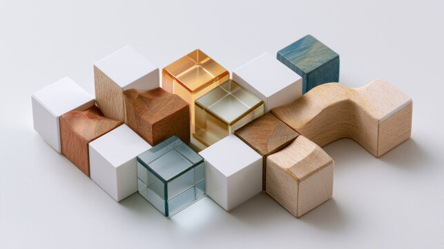 Isometric composition of wooden geometric blocks, white cubes, and transparent colored glass cubes on white background
