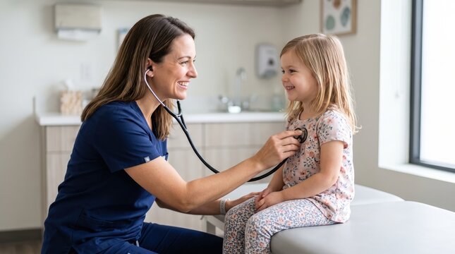 Pediatric doctor examining a smiling young girl