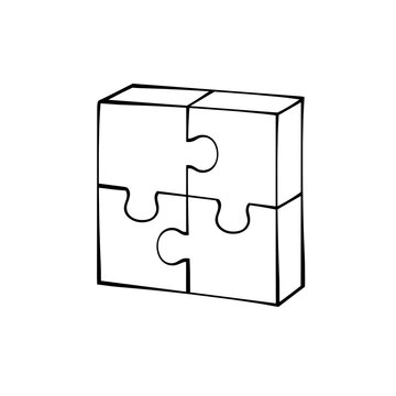 Hand drawn 3D cube puzzle vector illustration featuring four interlocking pieces with outline sketch style design