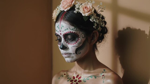 Lowering Latina tilting head as light casting shadow at tan wall floral-crown sugar-skull strapless