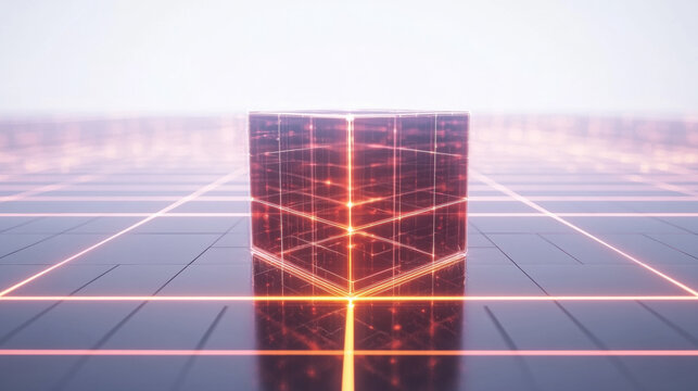 Glowing neon cube on digital grid future technology abstract background