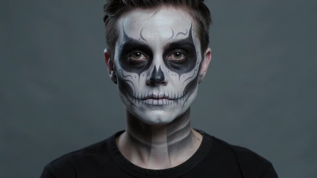 Opening male model's eyes slowly during sequence showcasing skull makeup, black shirt
