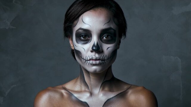 Recording adult Black woman opening eyes and holding steady for direct eye contact with skull paint