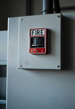 Fire safety and emergency alarm system, industrial building protection and hazard prevention equipment mounted on a grey metal wall in a commercial facility