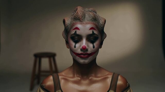Performing person in strap top, clown makeup, reptile mask raising head for camera in studio