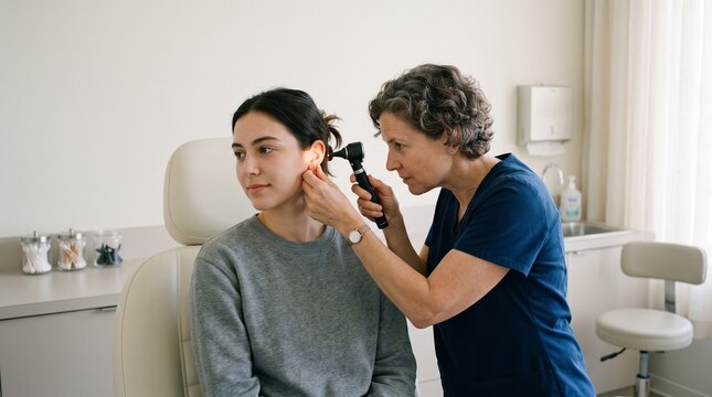 Doctor using an otoscope to examine a young patient ear in a medical clinic with natural light