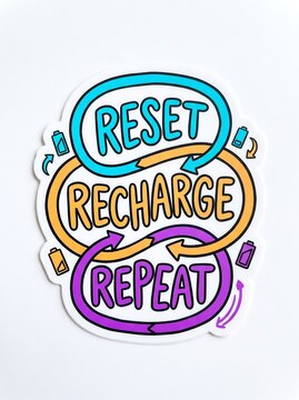 Reset recharge repeat sticker with colorful battery icons and circular arrows isolated on white background