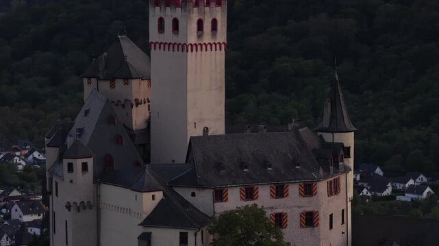 Aerial View of Marksburg Castle Above the Rhine Valley in Germany