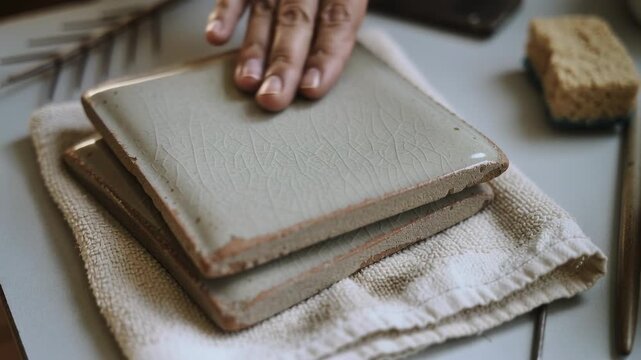 Entering adult right hand rubbing crackled tiles, smoothing glaze on towel atop bench, sponge tools