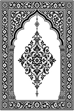 Intricate black and white floral ornamental archway design with detailed damask patterns and borders