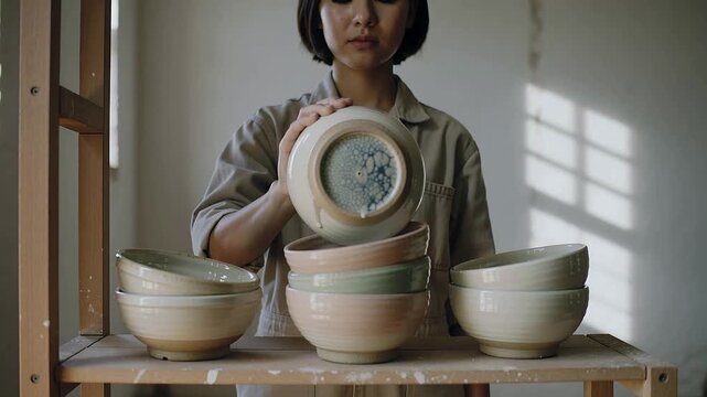 Reaching potter in work shirt lifting bowl from stacks at workbench checking blue crackle glaze