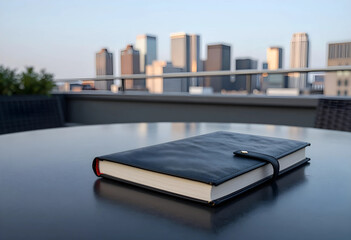 Fototapeta premium Remote work and business planning, leather notebook on a rooftop terrace table with city skyline background for freelance lifestyle and career goals