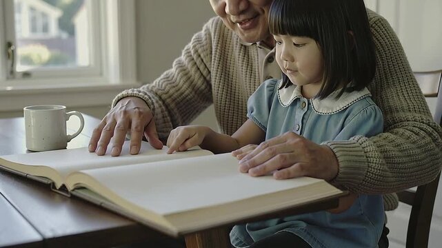 Placing large book on stand adult beige knit guiding child tapping-pointing pages bonding at window