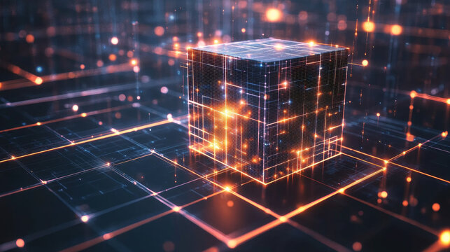 Abstract glowing digital cube on grid circuit network background for quantum computing AI big data concept