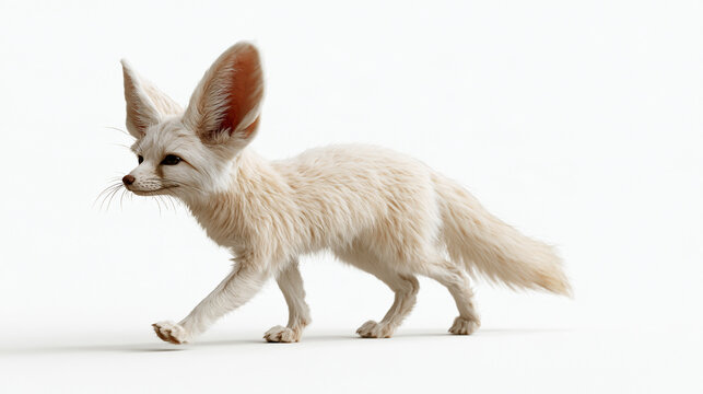 Adorable fennec fox walking in side profile with oversized ears, fluffy white and cream fur, isolated on a clean white background