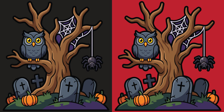 Spooky Graveyard Scene with Bare Tree Owl and Tombstones Flat Vector Illustration