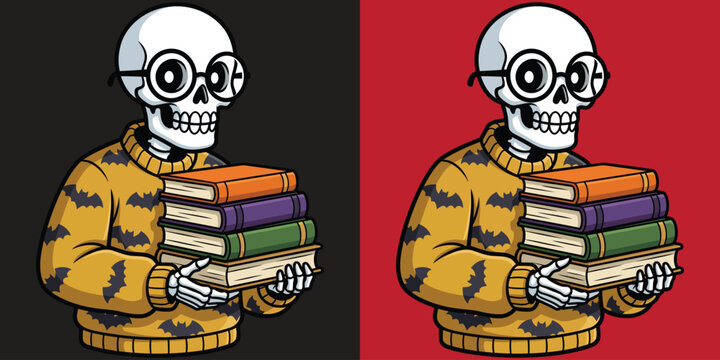 Cute Skeleton Wearing Glasses and Bat Pattern Sweater Holding Books Flat Vector Illustration