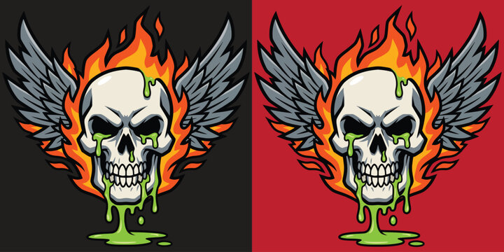 Flaming Winged Skull Dripping Green Slime Flat Vector Illustration