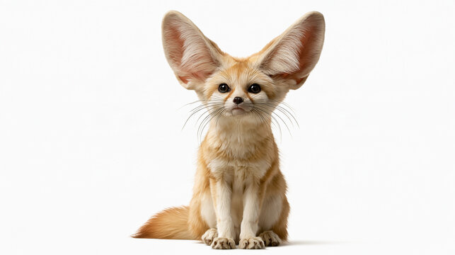 Cute fennec fox facing forward with extremely large ears, sandy fur and expressive eyes, isolated full-body desert wildlife portrait