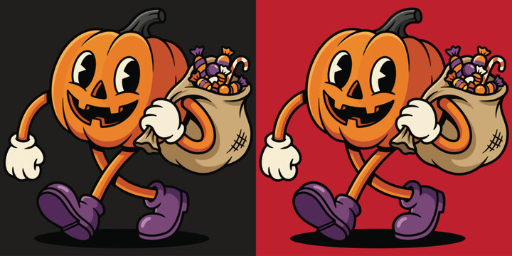 Retro 1930s Rubber Hose Cartoon Pumpkin Walking with Halloween Candy Bag Flat Vector