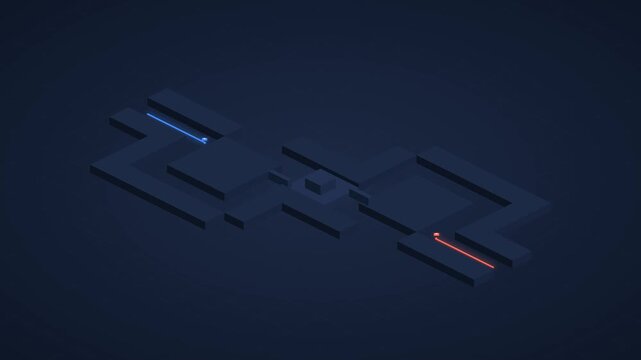 Futuristic 2.5D dimensional animation showing two different paths navigating a procedural labyrinth before converging at one central destination, symbolizing due process, fairness, justice, equality 