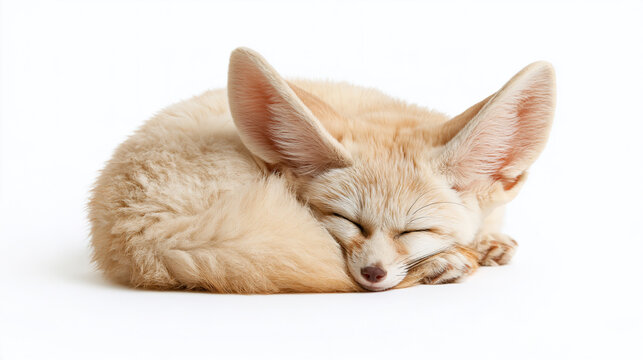 Cute fluffy fennec fox resting and sleeping with oversized ears and soft beige fur, peaceful desert animal isolated on a white background