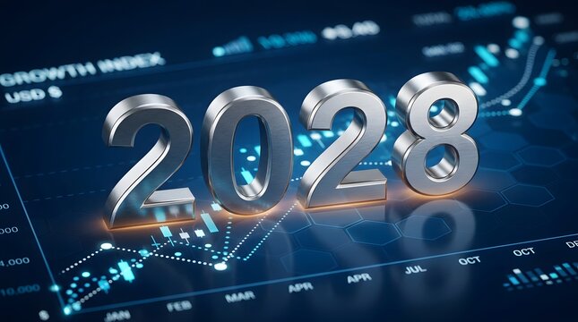 Metallic numbers representing year twenty twenty eight against futuristic financial stock market chart background