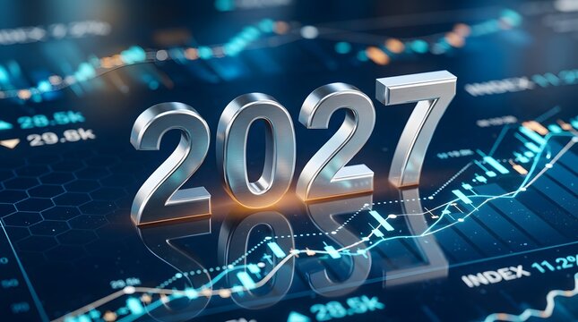 Futuristic metallic numbers twenty twenty seven standing on financial charts graph display screen